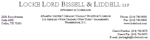 (LOCKE LORD BISSELL & LIDDELL LLP LETTERHEAD)